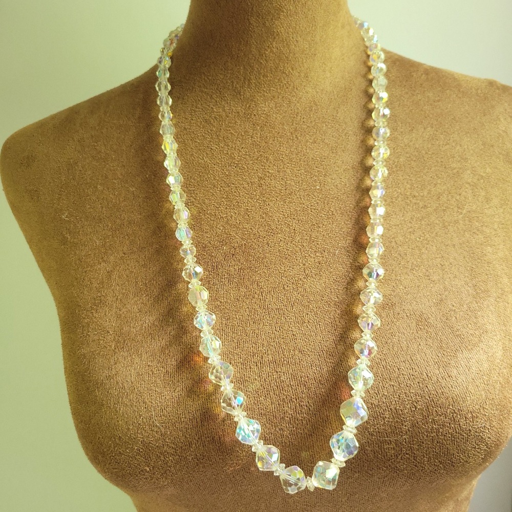Vintage Aurora Borealis AB Crystal Faceted Glass Bead Necklace 28" Cottagecore